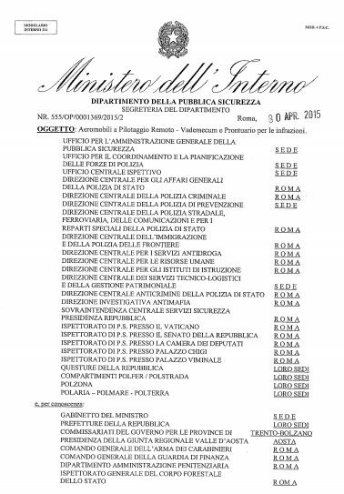vademecum ministero interno per forze di polizia sui droni