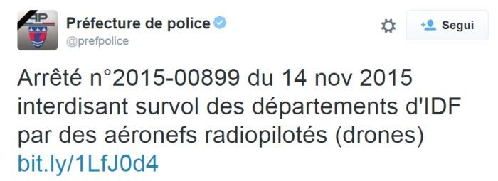 tweet della prefettura francese sul divieto di volo dei droni