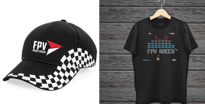 immagine di cappellino e maglietta fpv drone racing