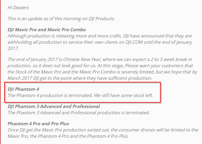 email produzione phantom 4 terminata