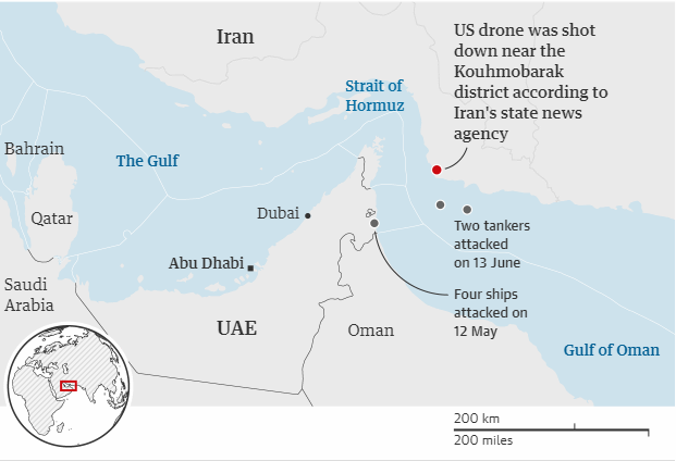immagine di mappa drone usa abbattuto da iran