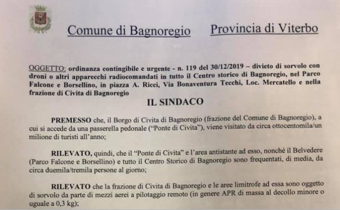 immagine di ordinanza divieto sorvolo droni comune bagnoregio