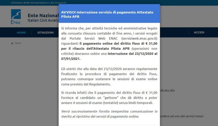 immagine di enac interruzione servizio pagamento servizi