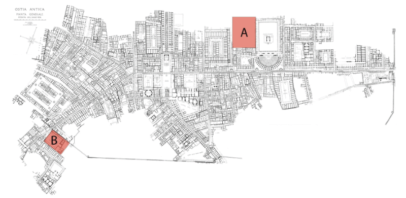 immagine di pianta di ostia antica con le nuove aree di scavo