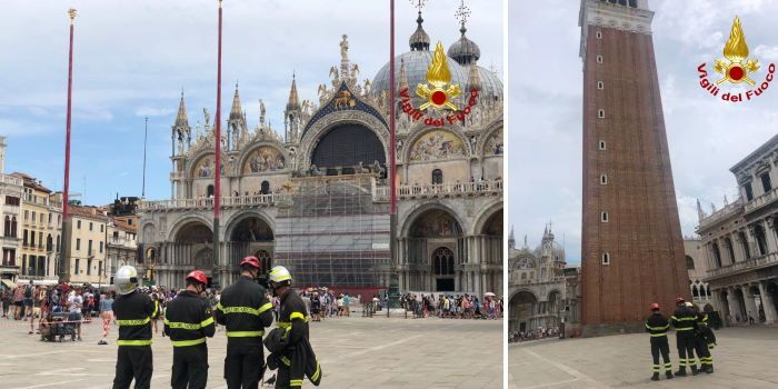 tecnici dei vigili del fuoco ispezionano il campanile di san marco con un drone