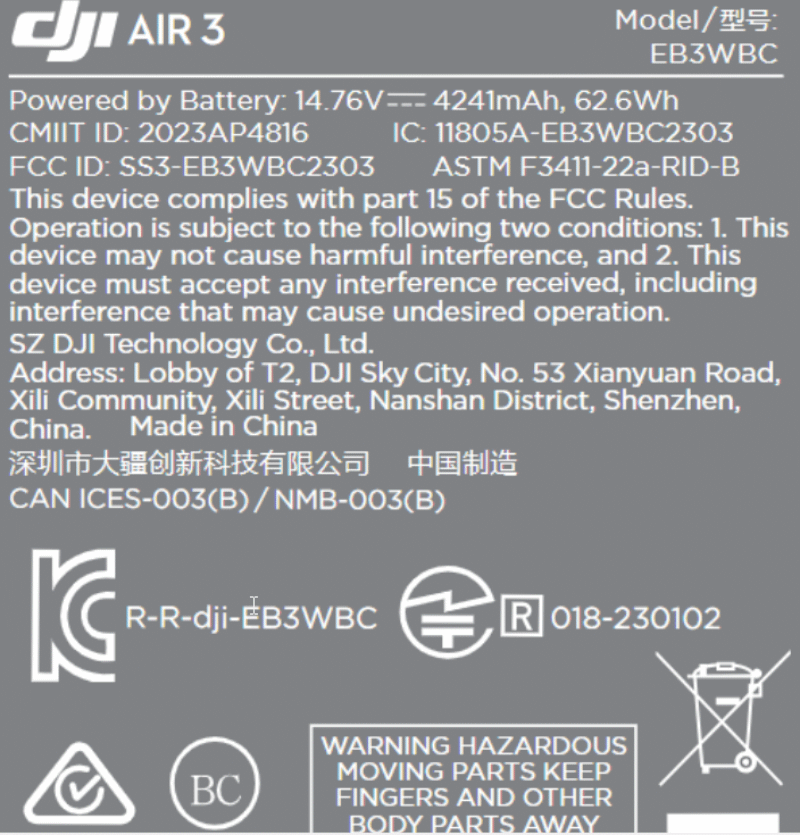 etichetta fcc usa dji air 3