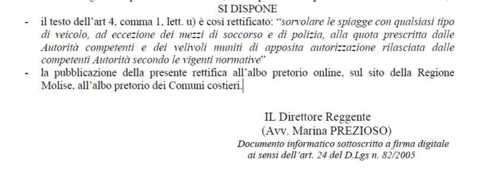 immagine di rettifica ordinanza divieto sorvolo molise