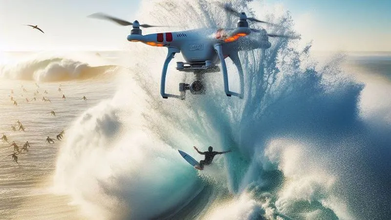 drone colpito da onda mentre riprende surfista