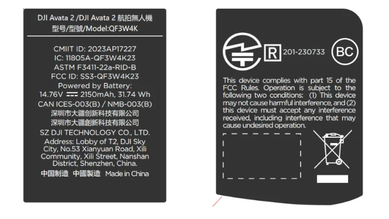 etichetta fcc dji avata 2