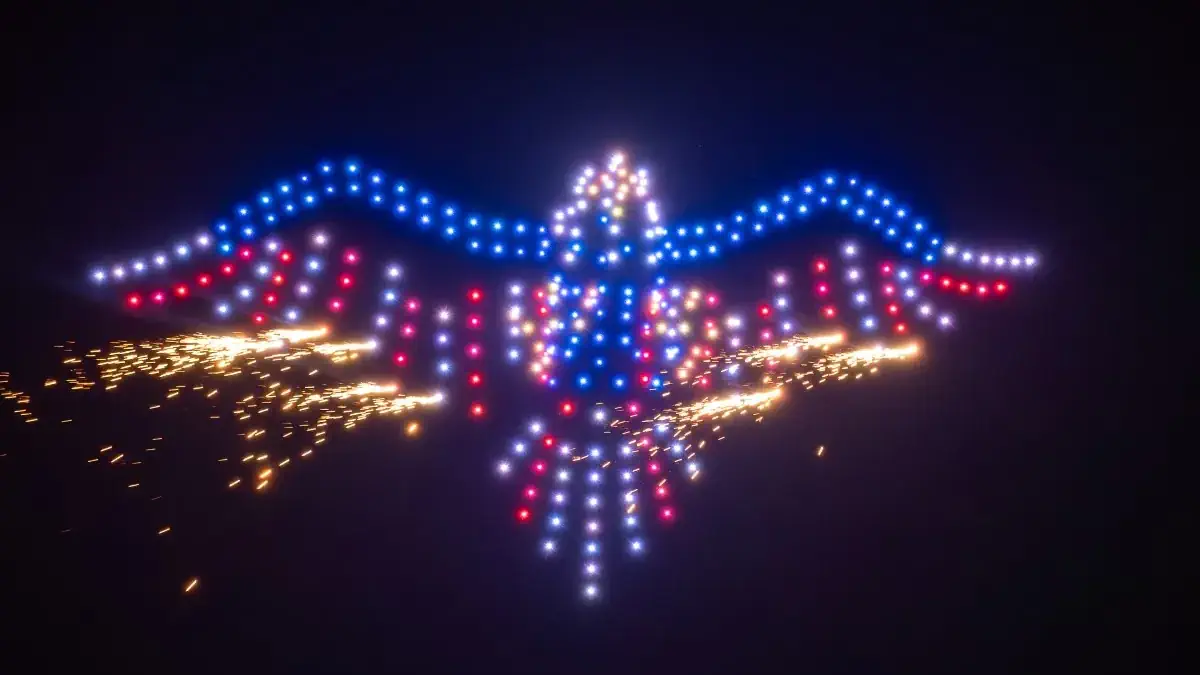 drone show con droni che lanciano fuochi d'artificio