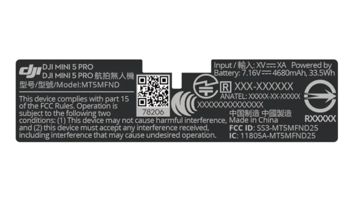 etichetta dji mini 5 pro su fcc usa