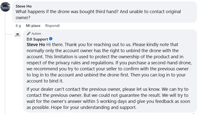 dji risponde a utente su unbinding account proprietario