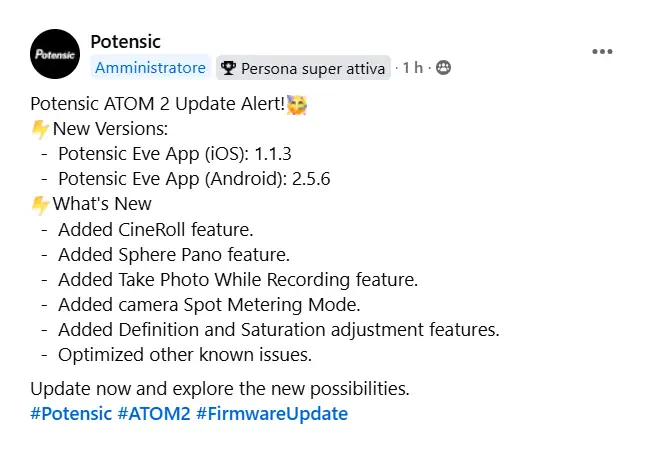 annuncio Potensic fw update atom 2 su facebook