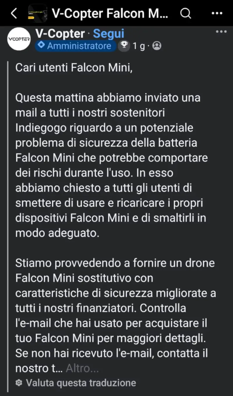 comunicazione ufficiale v-copter problema batterie falcon mini