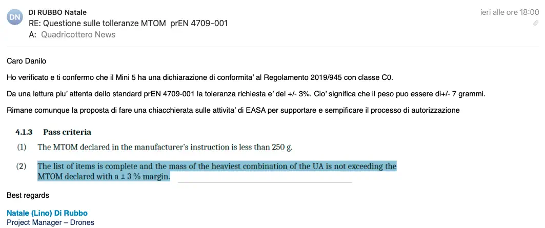 email di rubbo tolleranza peso mini 5 pro quadricotteronews