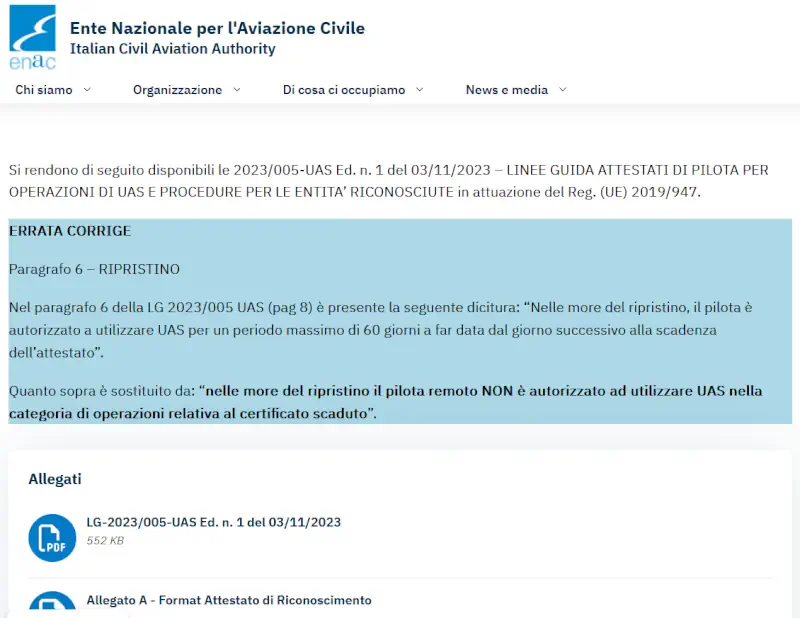 enac modifica linee guida lg-2023 ripristino attestati pilota droni
